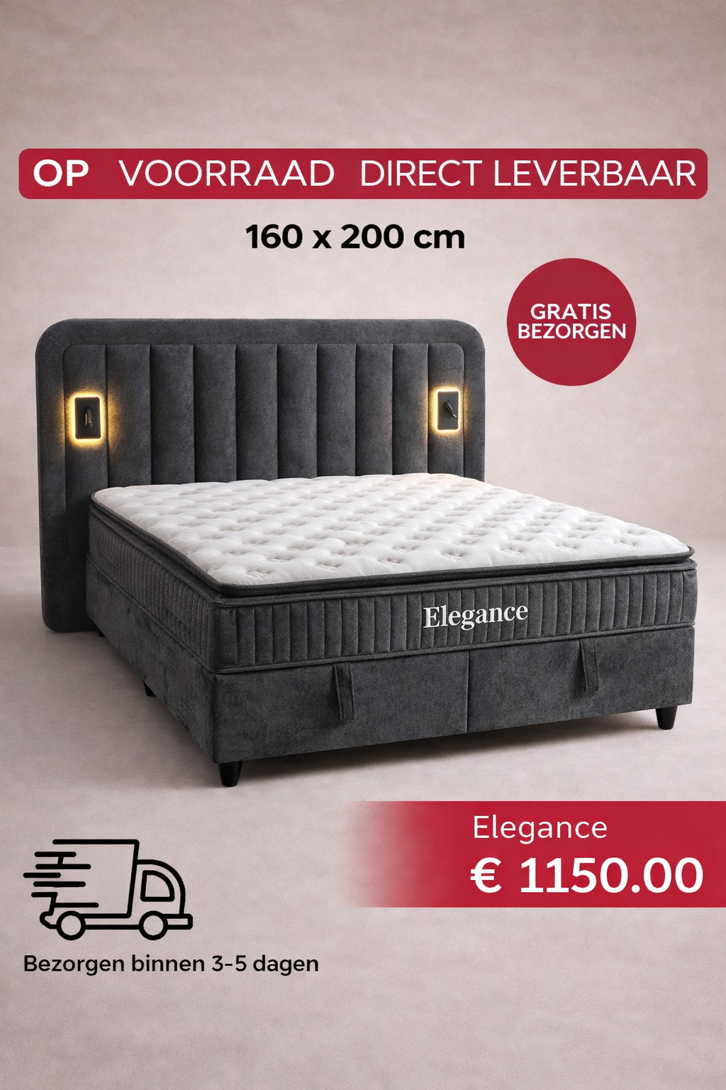 Elegance Boxspring met opbergruimte antraciet